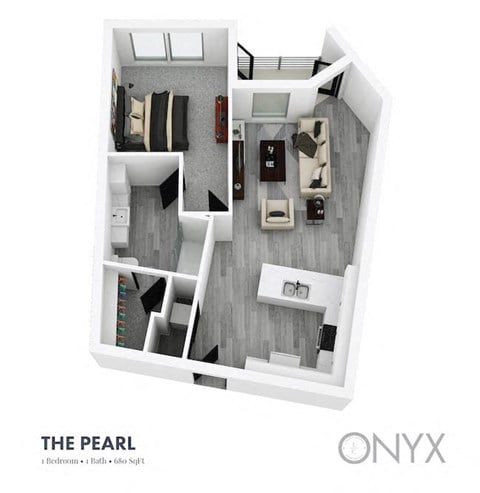 Floor plan for 1 bed, 1 bath, 696 sqft